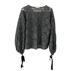 Zara Gray Floral Lace Sheer Blouse with Puff Sleeves & Tie Cuffs